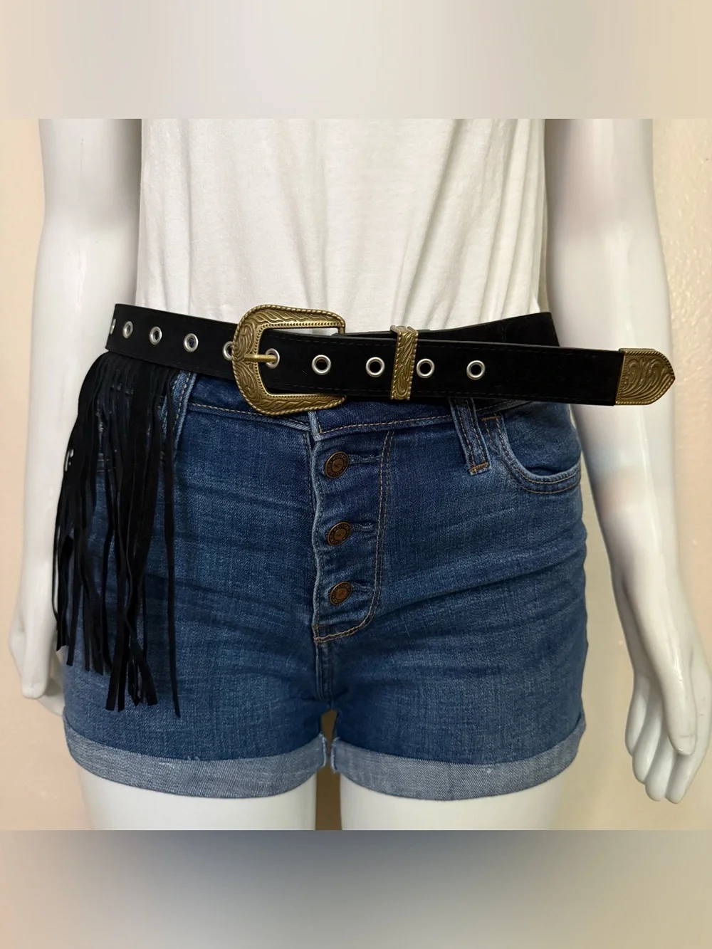 Black PU suede leather fringe details with old gold tone buckle